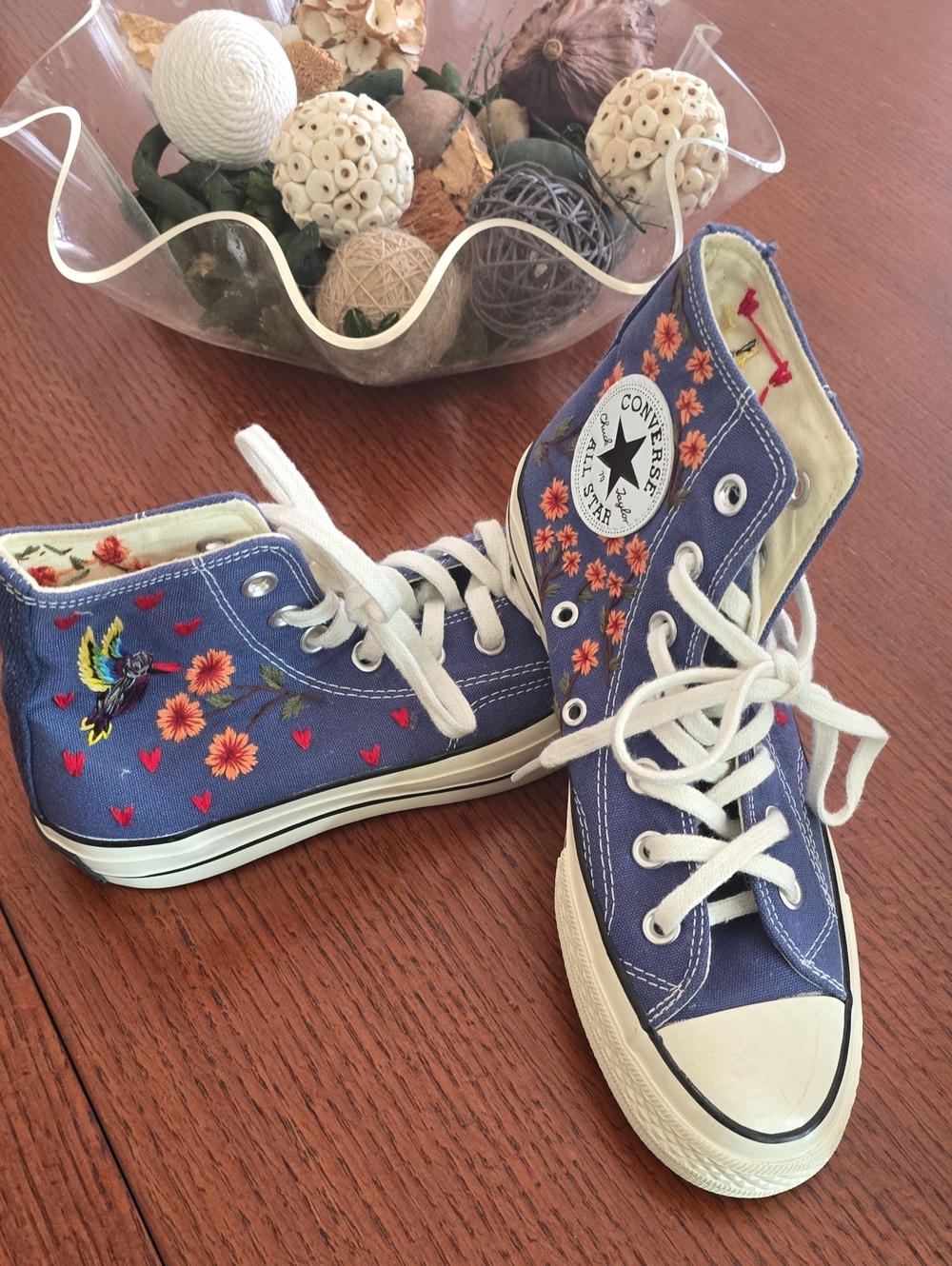 Custom Made Converse Kids Blue High-Top Sneakers with Orange Floral Embroidery